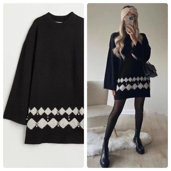 H&M Knit Dress Decorated Beaded Wide Sleeves New - Picture 7 of 10